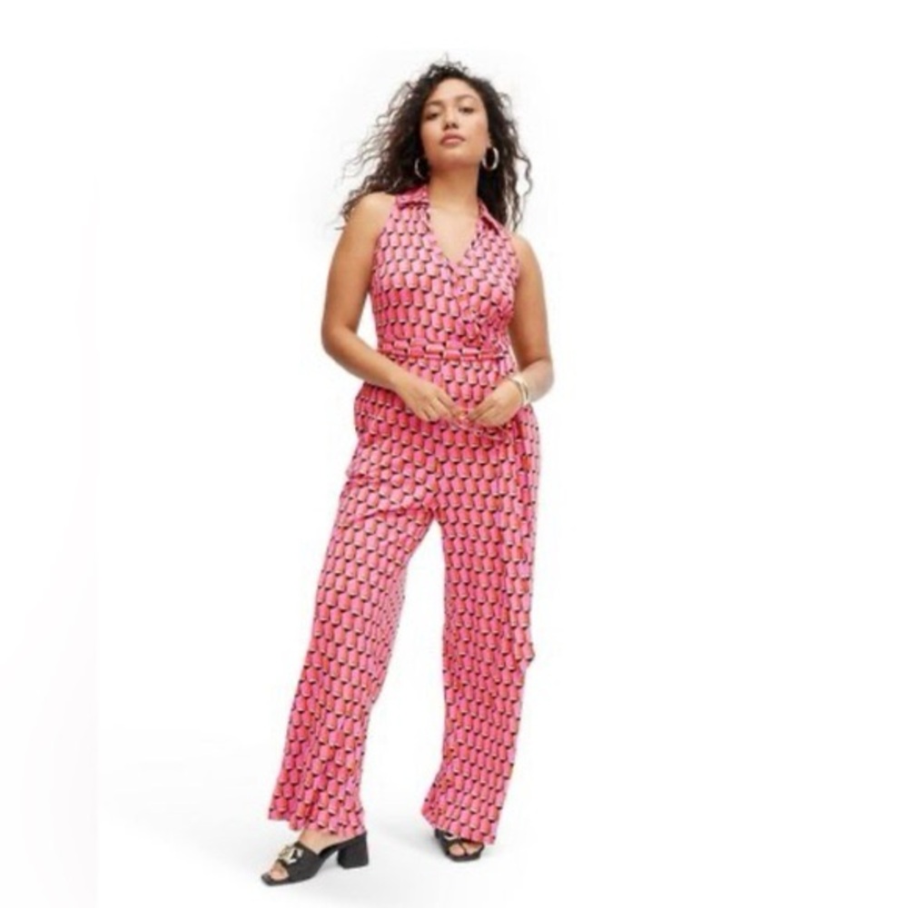 Diane Von Furstenberg Pink Geometric Halter Jumpsuit